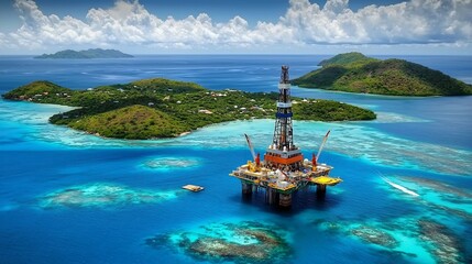 Dramatic aerial view of a large offshore oil drilling platform surrounded by calm turquoise blue waters and lush tropical islands in the distance