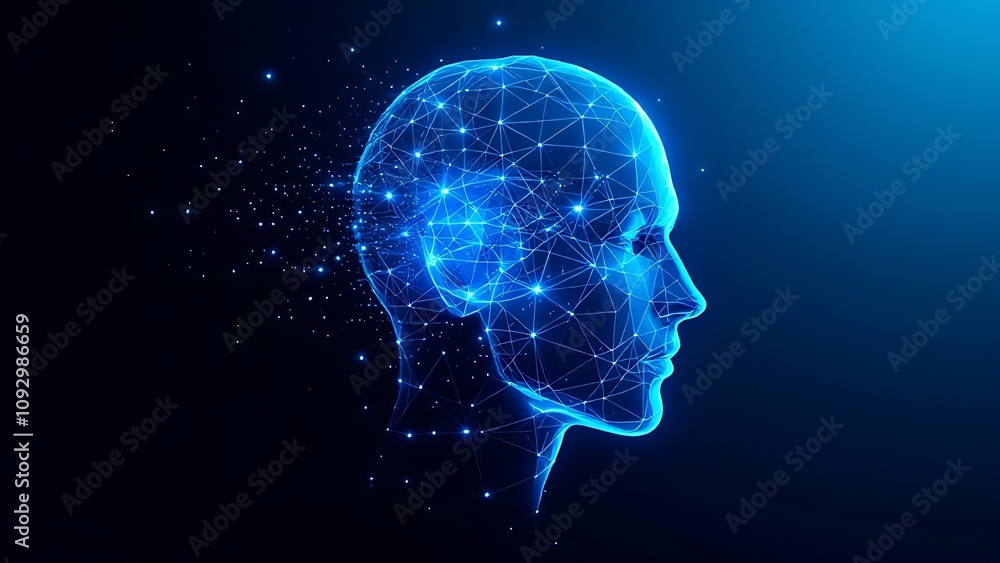 Poster realistic 3d man head polygonal skin. abstract lines, triangles and particle style design.