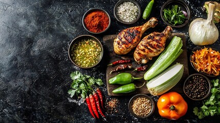 A rustic kitchen scene showcasing the vibrant flavors of Thai cuisine featuring a grilled chicken dish fresh green papaya