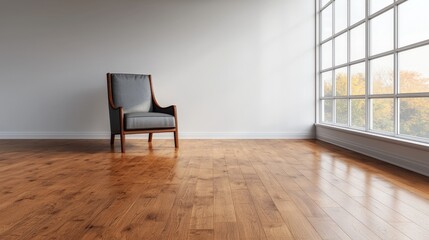 Modern armchair in minimalist room with large window.