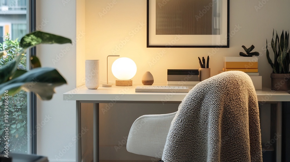 Poster a serene and inviting office corner with a clean white desk a small table lamp and a comfortable cha