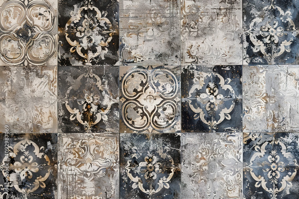 Poster a wall with a mosaic of tiles in various colors and patterns
