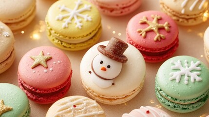 Festive macarons with holiday designs, including snowmen, stars, and mistletoe, on a soft pastel Christmas background.