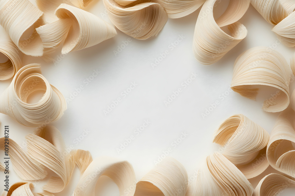 Poster abstract background of swirling light beige wood shavings forming a frame with copy space in the cen