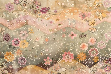 A floral patterned piece of fabric with a mountain range in the background
