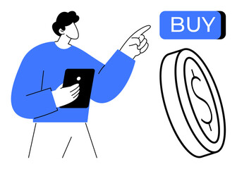 Man holding tablet, pointing at Buy button, large coin icon. Ideal for e-commerce, online shopping, digital transactions, fintech, customer behavior, consumer habits, retail. Line metaphor