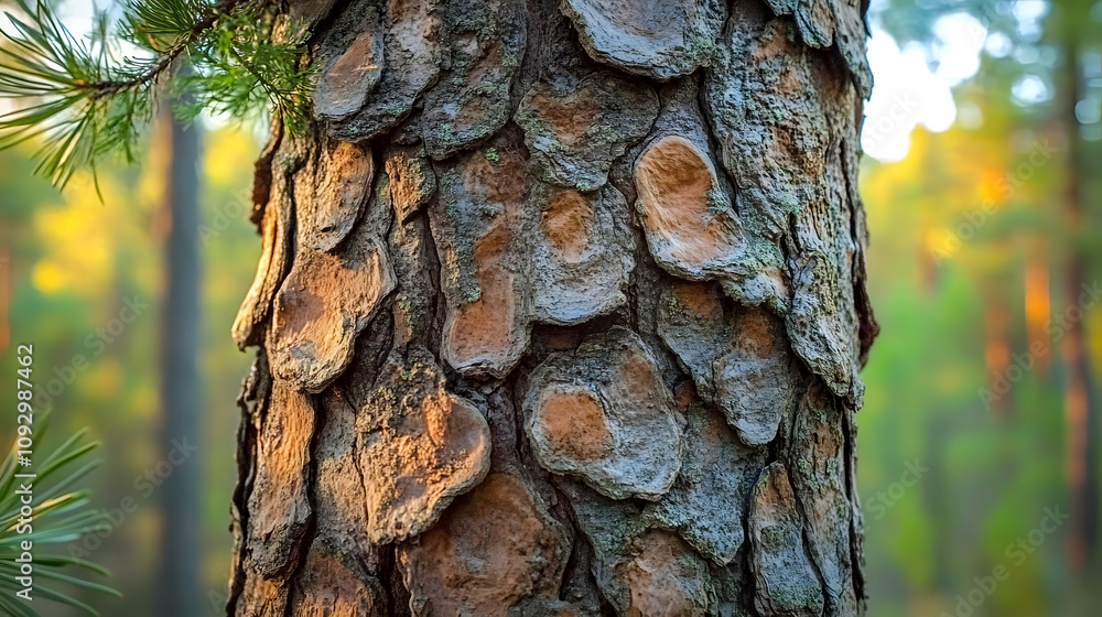Poster close-up of a pine tree trunk with textured bark in a green forest