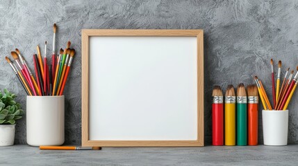 Blank frame mockup with paintbrushes and succulent.