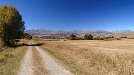 Fototapeta premium Scenic Rural Landscape with Gravel Road Leading Through Vibrant Autumn Fields and Mountains Under Clear Blue Sky in New Zealand