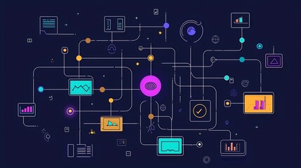 Naklejka premium A vibrant and dynamic flat design showcasing the interconnected workflows of AI powered marketing automation symbolized by a network of nodes glowing charts and data visualizations