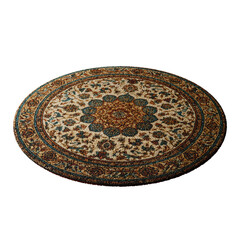 A round rug with a blue and brown design