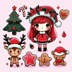 Cute hand drawn doodle chrismast vector set, santa claus, set collection merry.
