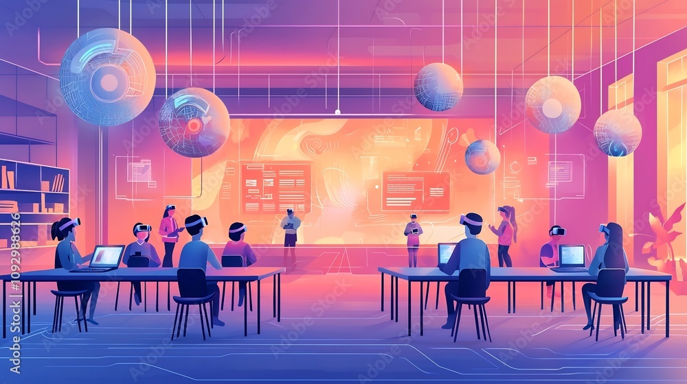 Poster a vibrant paper cut style depicting a futuristic online classroom setting featuring holographic elem
