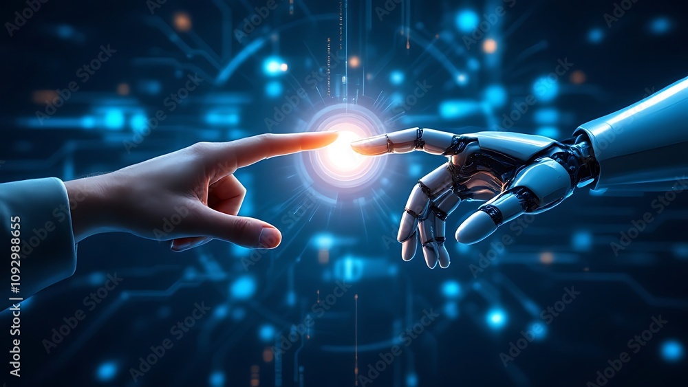 Poster ai, machine learning, hands of robot and human touching on big data network connection background, s