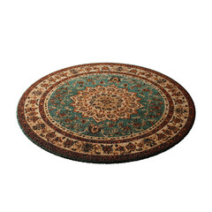 A rug with a blue and brown design sits on a white background