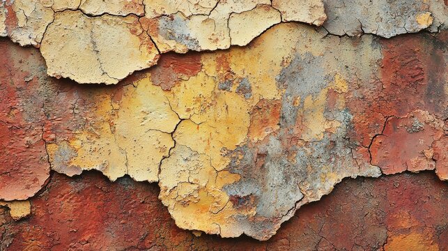 A colorful cracked wall reveals textured layers in warm tones such as yellows, oranges, and reds, creating a lively visual effect contrasting decay with vibrancy. - Powered by Adobe