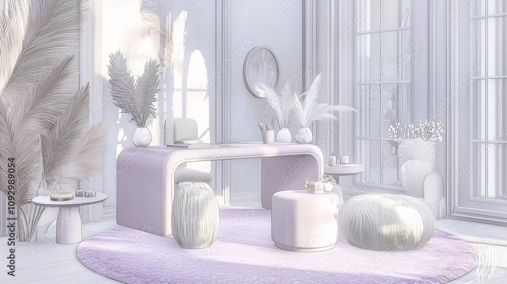 Aufkleber a whimsical and serene workspace with a lavender colored desk pastel toned decor and a soft plush ru