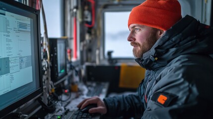A dedicated scientist operates a computer at an Arctic station, analyzing data and sending information via satellite, ensuring safety.