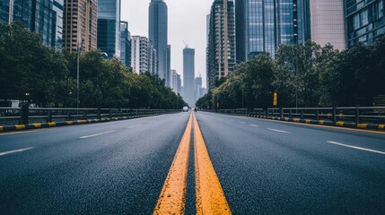 Obraz premium Urban Road Perspective with Skyscrapers and Tree-Lined Boulevards in Modern Cityscape Under Overcast Sky, Capturing the Essence of City Life and Urban Design