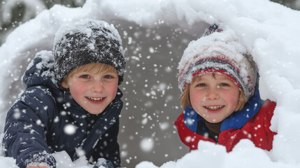 Children Building a Snow Fort in a Winter Wonderland