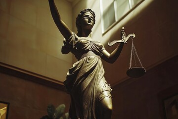 Majestic statue of themis, blindfolded goddess of justice, holding scales and a book, symbolizing law, order, and fairness, inside opulent palace of justice