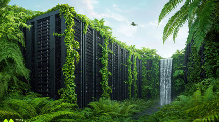 massive dark server farm is surrounded by lush greenery and ferns, with waterfall cascading nearby, creating serene yet technological atmosphere