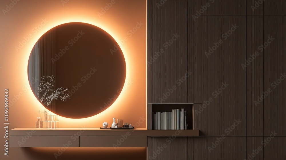 Poster elegant minimalist setting with a large, glowing round mirror, backlit for warmth on a muted brown p