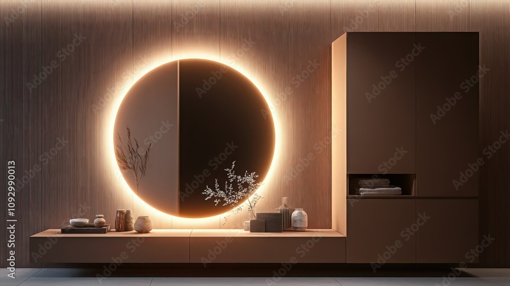 Poster elegant minimalist setting with a large, glowing round mirror, backlit for warmth on a muted brown p