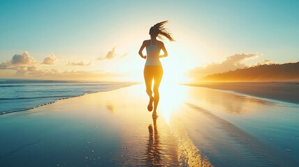 A woman jogging on a tranquil beach at sunrise her silhouette highlighted by the warm golden light and casting a reflection on the wet sand below