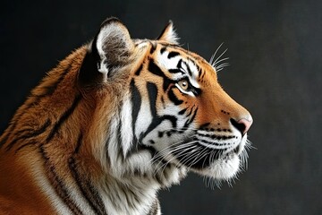 Profile portrait of Bengal tiger, Panthera tigris tigris, isolated on gray-black background 