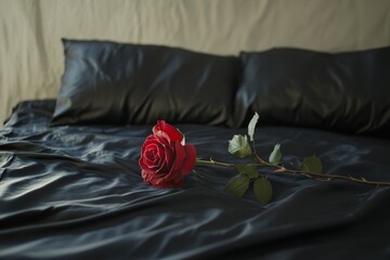 Romantic and valentine concept Red rose lying on bed in a dark bedroom is waiting for lovers