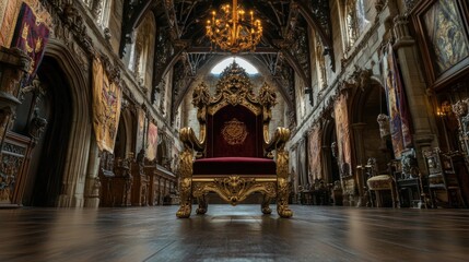 Obraz premium A grand throne in an ornate hall, showcasing medieval architecture and rich decor.