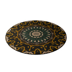 A round rug with a pattern of circles and squares