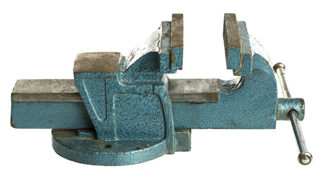 Old bench vise with worn blue paint gripping nothing
