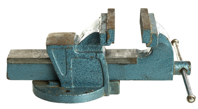 Old bench vise with worn blue paint gripping nothing