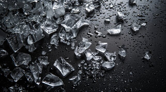Ice, crushed on a black background. Pieces of crushed ice spread away. Crushing of the ice.