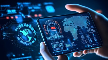 Fototapeta premium Hands holding a smartphone with a firewall icon and a map of China displayed. The Great Firewall of China. Copy space. 