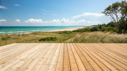 Wooden floor in the field to present products on a bright, colorful, foggy beach. Create space for text or placing products.