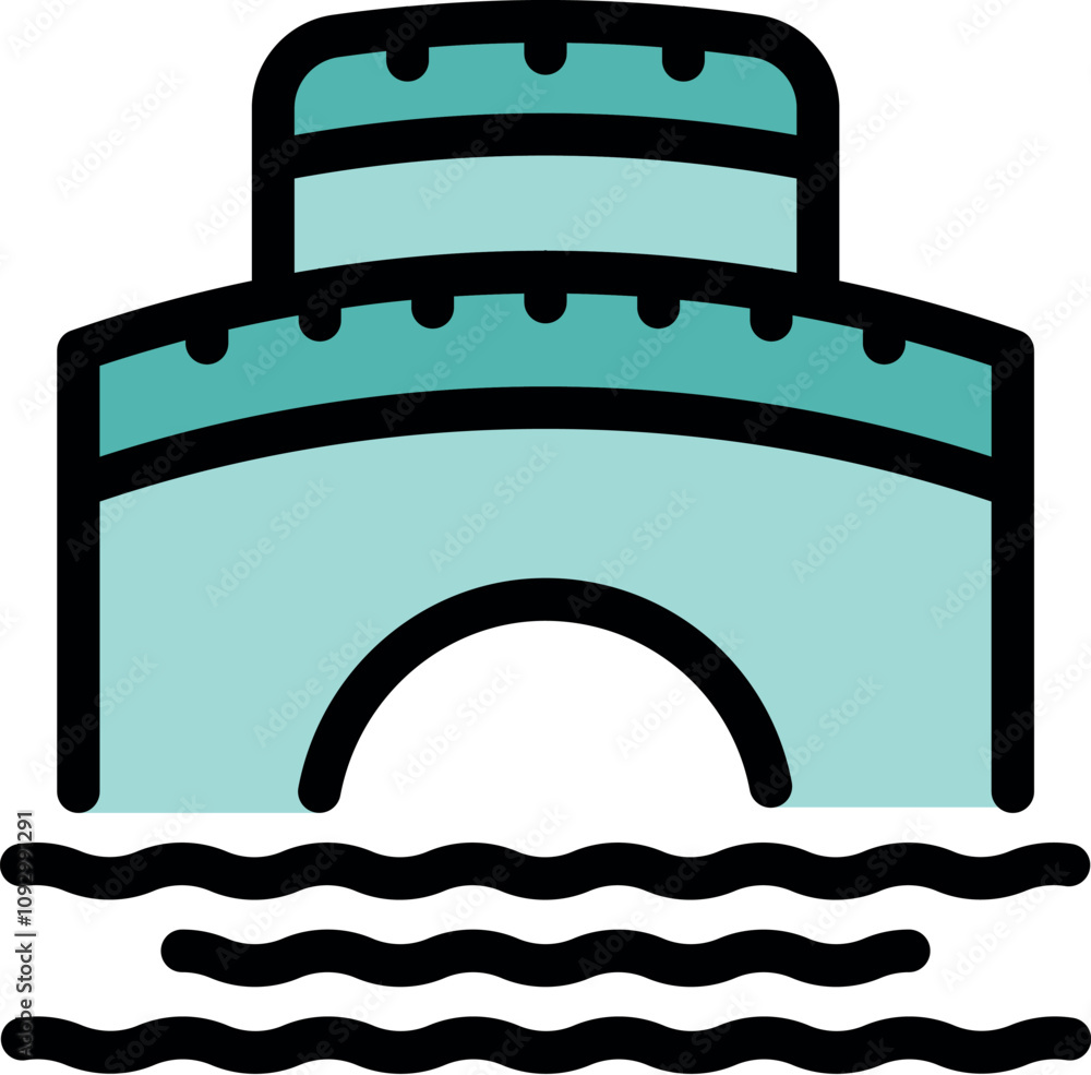 Poster simple vector illustration of an ancient bridge with a fortified building on top spanning a river, i