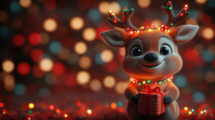 Fototapeta premium Illustration reindeer with gift and string lights, character, mascot, banner copy space, Happy New Year Merry Christmas