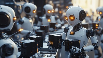 Fototapeta premium White Humanoid Robots Collaborating on Advanced Machine Producing Tiny Computers