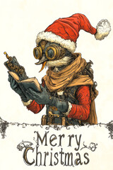 Fototapeta premium A cartoon character is reading a book while wearing a Santa hat. The image is titled Merry Christmas
