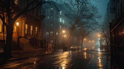 A moody urban scene featuring a foggy street at night with glowing streetlights and wet pavement.