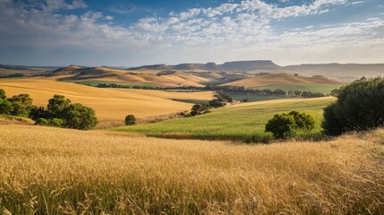 Fototapeta premium Expansive Golden Wheat Fields and Lush Green Valleys Under Bright Blue Sky with Fluffy Clouds in Scenic Rural Landscape
