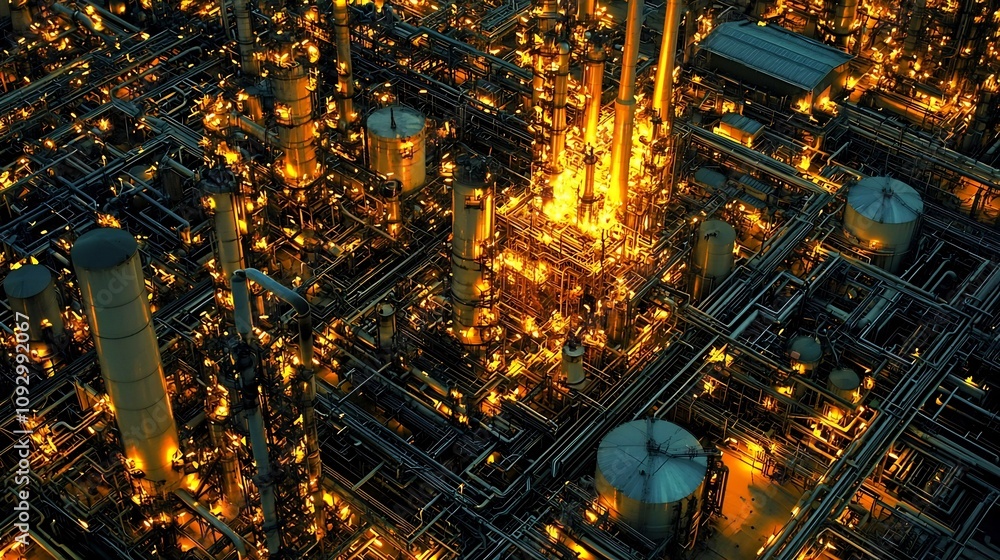 Poster aerial view of an expansive oil refinery at sunset with a complex network of intricate pipelines tow
