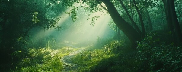 Obraz premium Sunlit Path Winding Through a Lush Green Forest. AI generated illustration