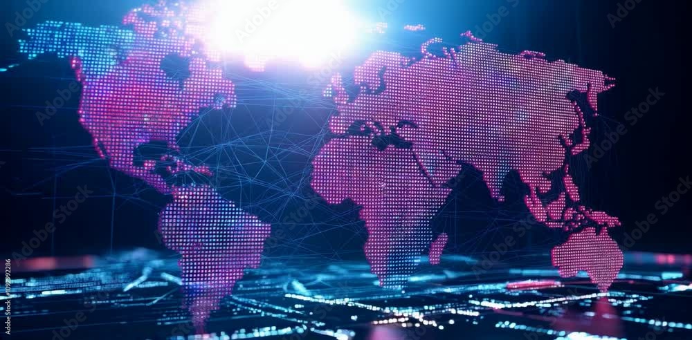 Poster digital abstract world map in neon colors, illustrating global technology and connectivity through v