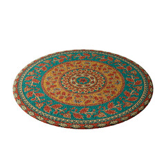 A colorful rug with a blue center and orange and yellow edges