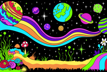 Psychedelic space trippy landscape background.