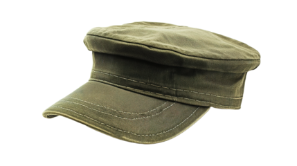 Exploring isolated style choices olive green military cadet cap fashion accessories urban environment close-up view